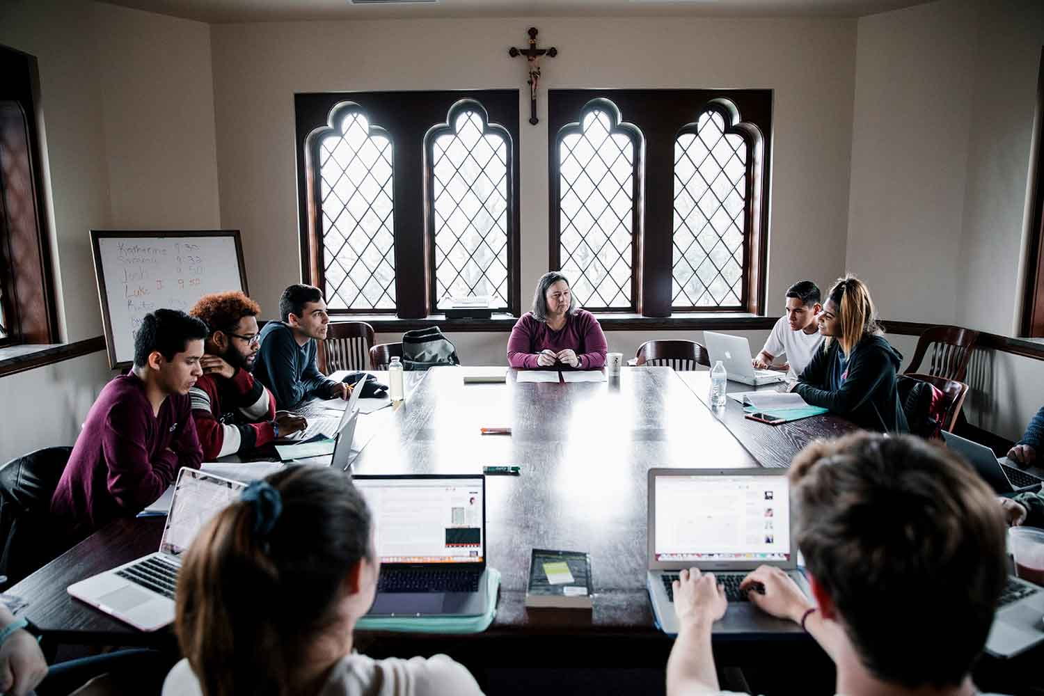 Students studying at table in Ruane Center for Humanities