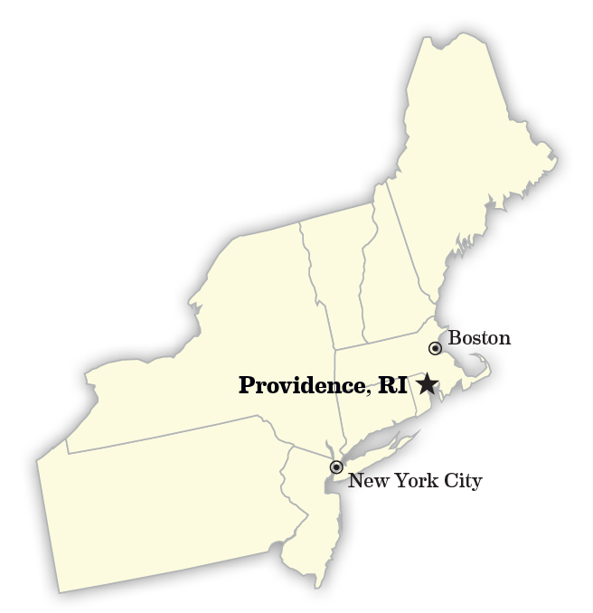Map of New England, centered on Providence Rhode Island