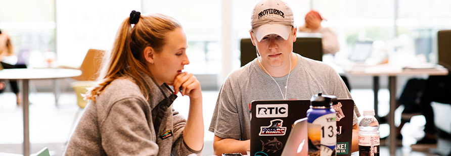 Two students sitting at their laptops studying