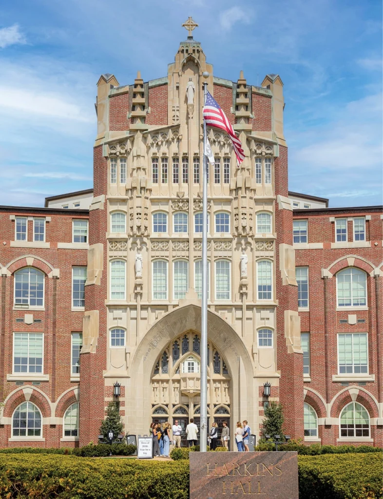 Exterior shot of the front of Harkins Hall
