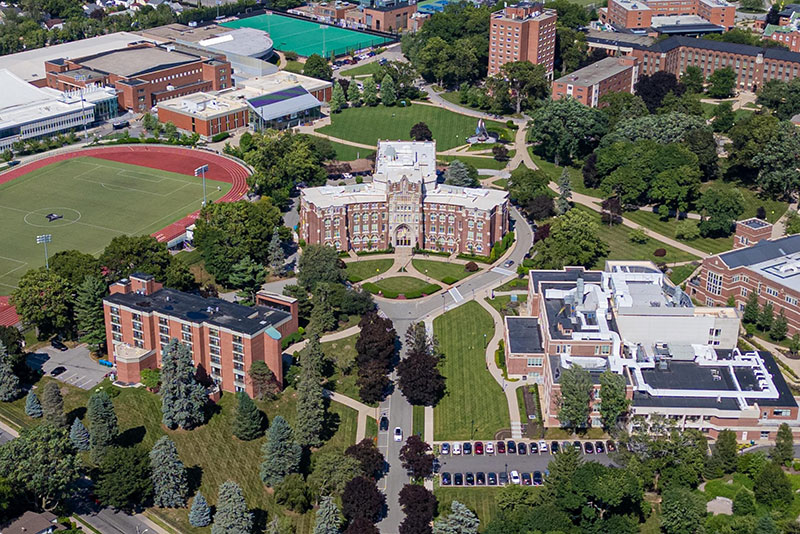 drone shot of campus