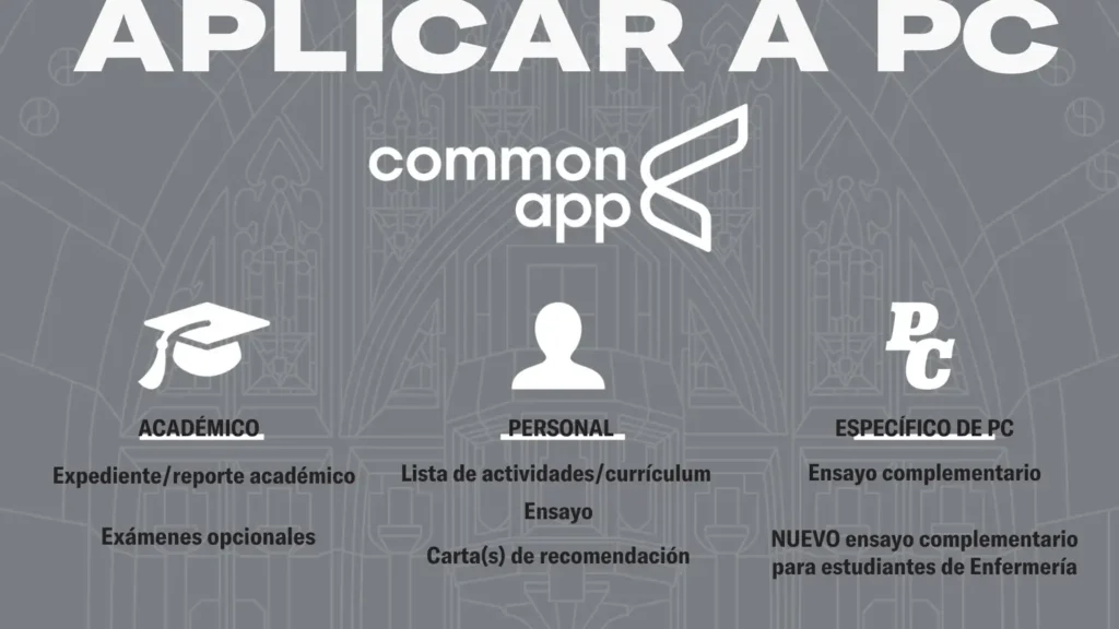 aplicar a PC CADÉMICO Expediente/reporte académico Exámenes opcionales PERSONAL Lista de actividades/currículum Ensayo Carta(s) de recomendación ESPECÍFICO DE PC Ensayo complementario NUEVO ensayo complementario para estudiantes de Enfermería